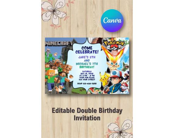 Twin Minecraft and Pokémon Invitation | Canva Template